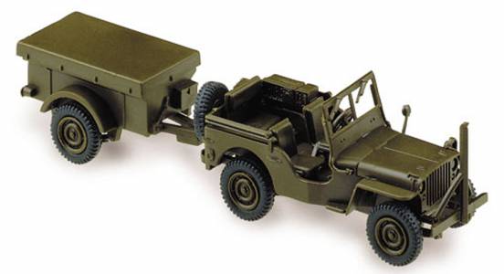 Image 0 of Herpa Minitanks 1/87 Willys Army Jeep w/Trailer (Olive Green)