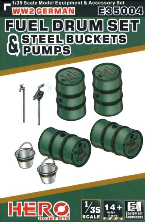 Image 0 of  Hero Hobby Kits 1/35 WWII German Fuel Drums (4), Pump Pipes (2) & Steel Buckets