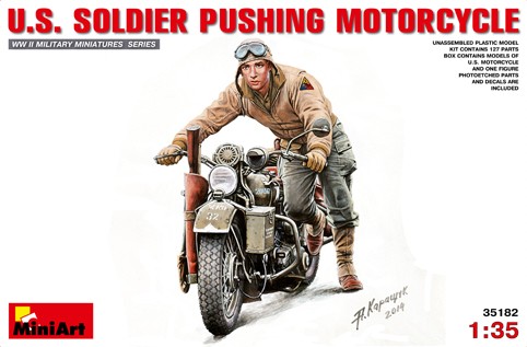 Image 0 of Miniart Models 1/35 US Soldier Pushing Motorcycle