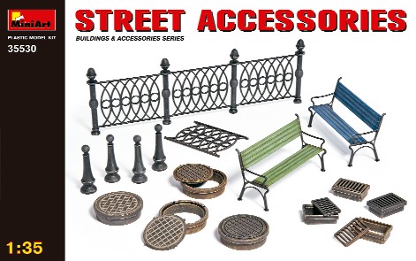 Miniart Models 1/35 Street Accessories (Fence, Pothole Covers, Benches, etc.) (R